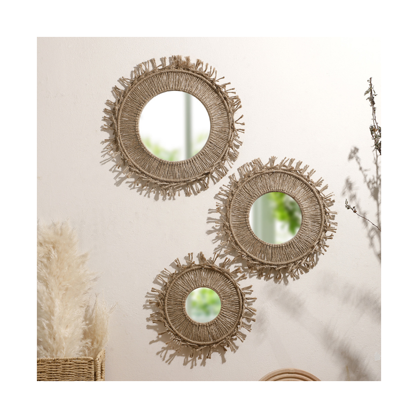 Bohemian Handmade Curry Cotton Rope Weave Round Wall Mirror